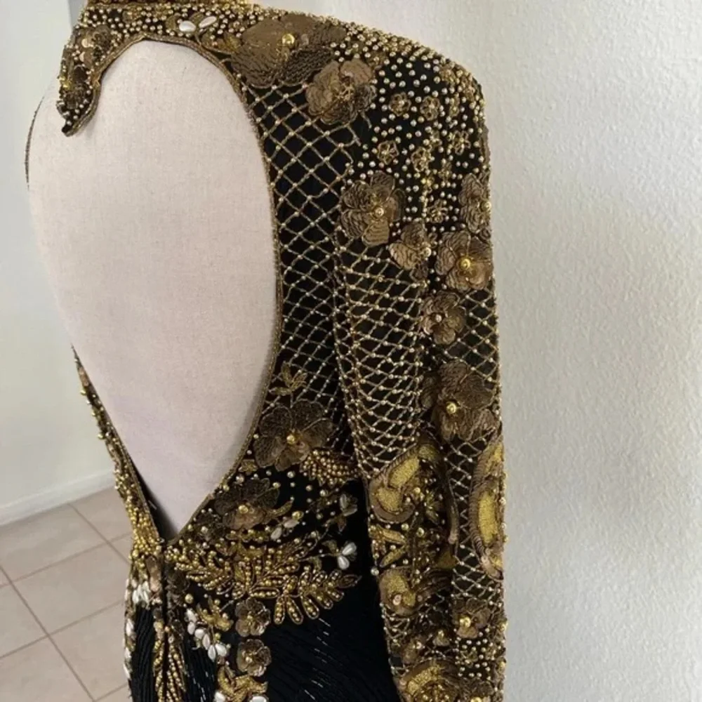 Naeem Khan Riazee Nights 80s X Open Back Slit Leg Pure Silk Long Sleeve Gown VTG - Picture 4 of 16